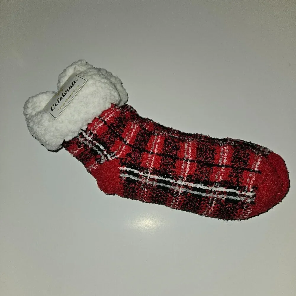 NEW Celebrate Lined Slipper Socks Red Black Plaid Sherpa Ladies Shoe Size 4-10